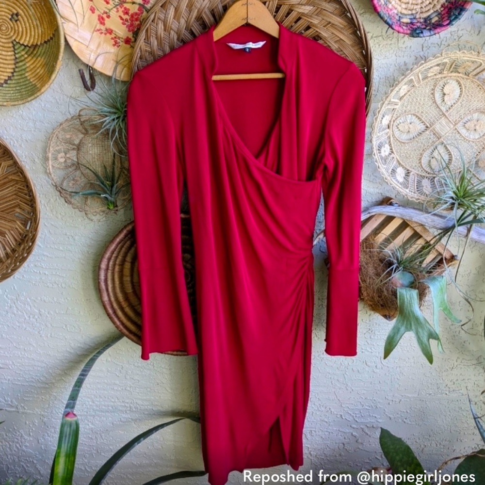 DVF Leroux Red Faux Wrap Dress 90's Rayon